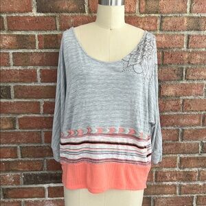 DESIGUAL Women's 3/4 Dolman Gray and Coral Sleeve Top Shirt Blouse size Medium